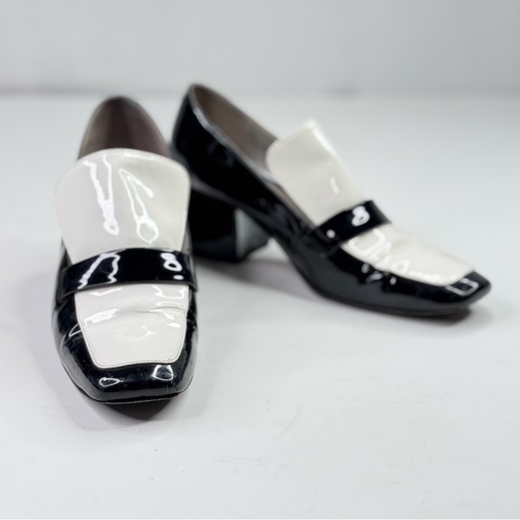 Dorateymur black and white patent leather slip on heeled loafers block heel 38 - Picture 1 of 14